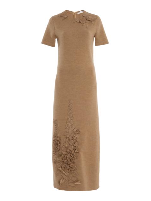 Oscar de la Renta Foxglove-Embroidered Wool Midi Dress brown