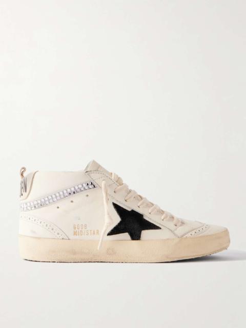 Mid Star distressed suede-trimmed crystal-embellished leather sneakers