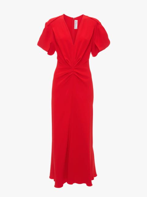 Victoria Beckham Gathered V-Neck Midi Dress In Tomato