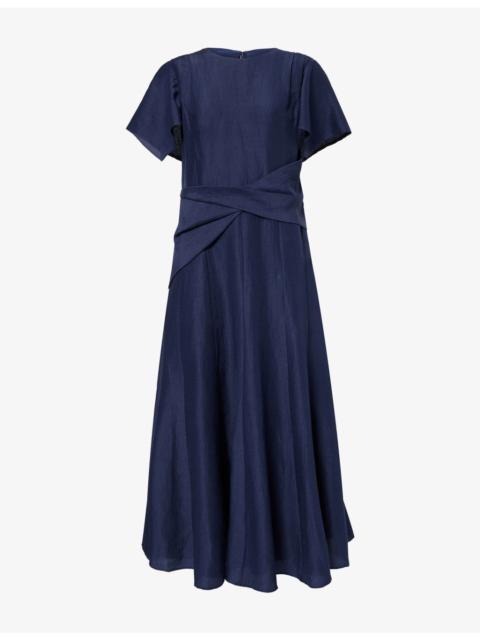 ROLAND MOURET Handkerchief-Sleeve Drape-Waist Silk-Blend Midi Dress