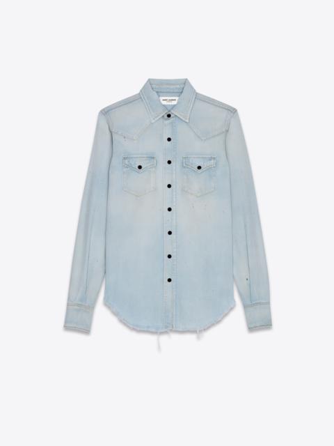 SAINT LAURENT destroyed classic western shirt in dirty sky blue denim