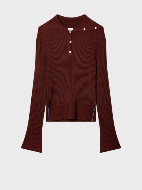 Paul Smith Women's Brown Ribbed Knit Sailor-Collar Button Sweater