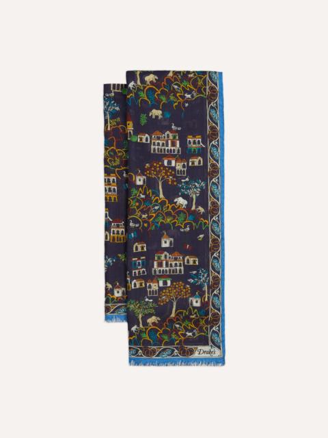 Drake's Navy Antique Village Print Wool Silk Scarf