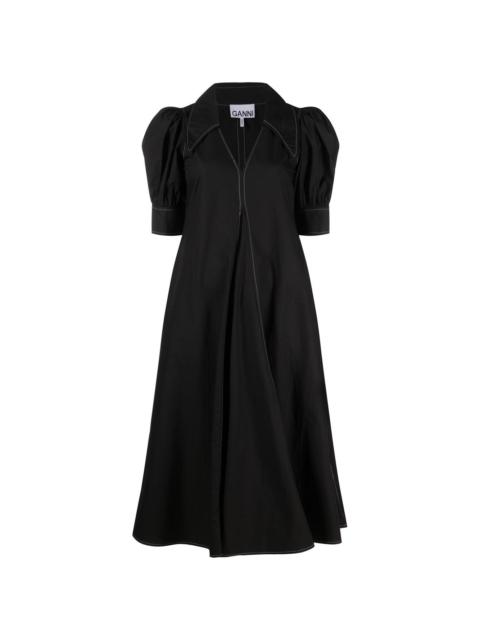 puff-sleeved box-pleat dress