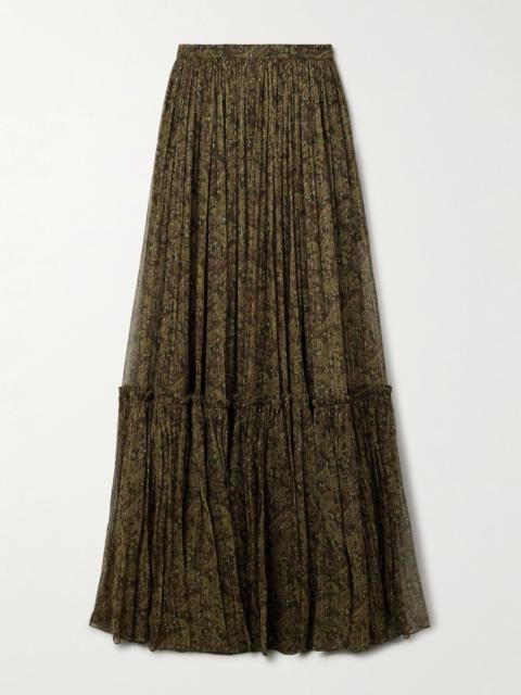 SAINT LAURENT Tiered metallic paisley-print silk-blend crepon maxi skirt Green