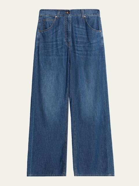 Brunello Cucinelli Lightweight Denim Wide-Leg Jeans With Monili Trim