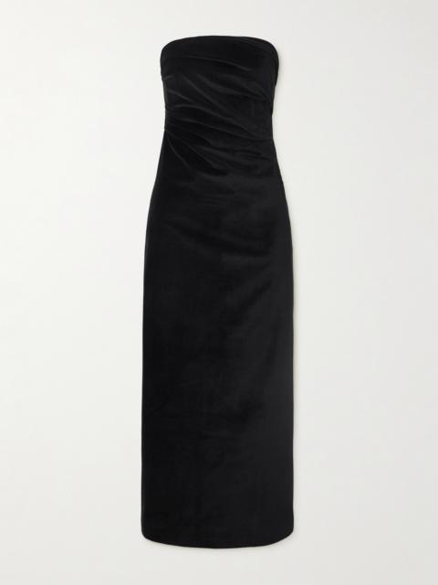 TOVE Sabella Strapless Ruched Cotton-blend Velvet Midi Dress