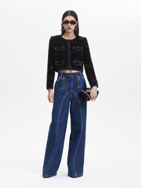 self-portrait Black Sequin Cropped Jacket