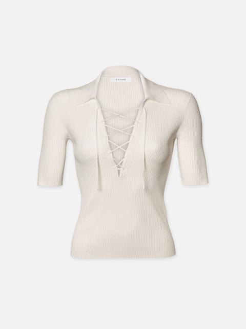 FRAME Lace Up Sweater Polo in Off White