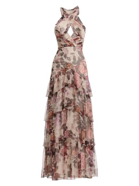 Dress The Population Women's Maya Floral Tiered Halter Maxi Dress - Champagne Multi