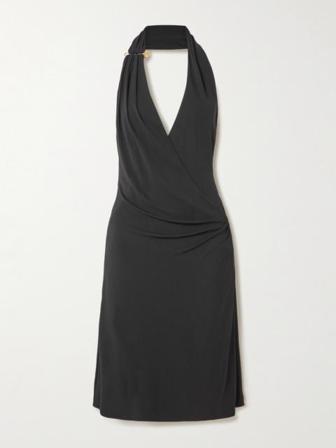 VERSACE Embellished Draped Stretch-jersey Halterneck Dress
