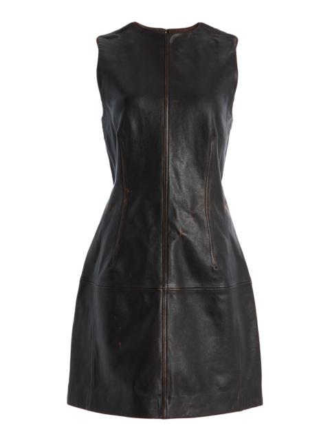 STAUD Binx Distressed Leather Mini Dress brown
