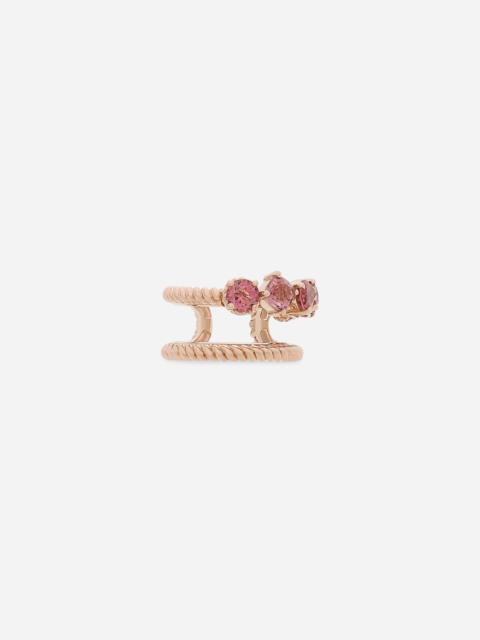 Single earring double earcuff in red gold 18k with pink tourmalines