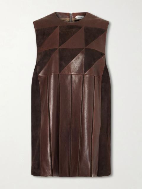 VERSACE Patchwork suede-trimmed leather mini dress Dark brown