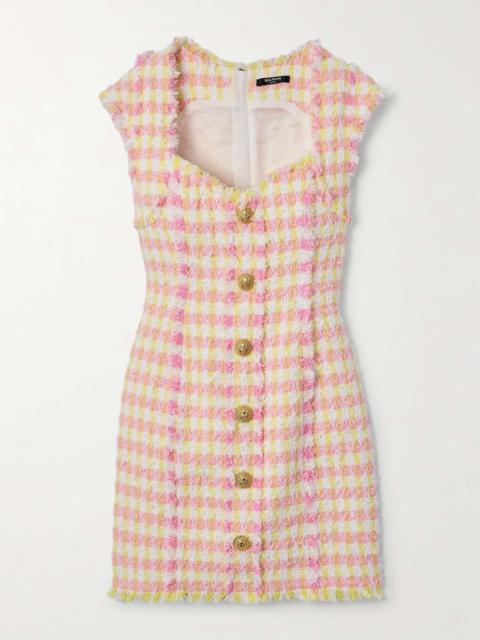 Button-embellished frayed checked cotton-blend tweed mini dress