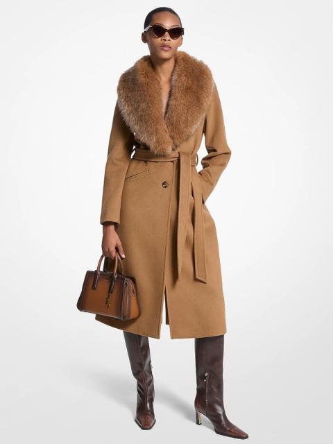 MICHAEL KORS Faux Fur Trim Wool Blend Coat