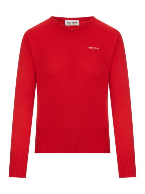 Miu Miu CASHMERE V-NECK SWEATER WITH LOGO
