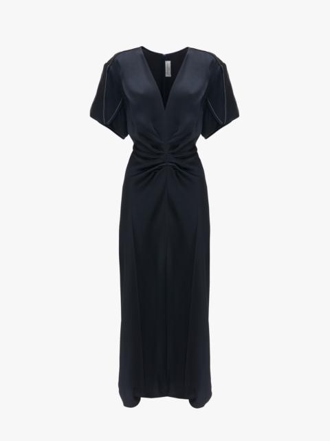 Exclusive Gathered V-Neck Midi Dress In Navy