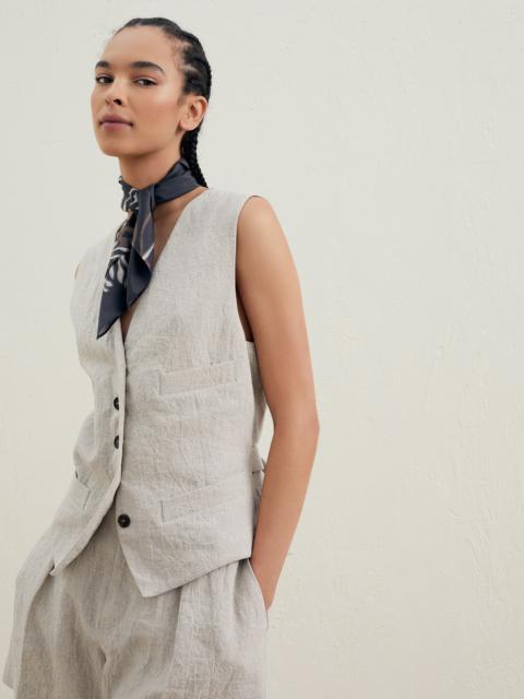 Brunello Cucinelli Wrinkled délavé linen waistcoat with monili and marine flower foulard