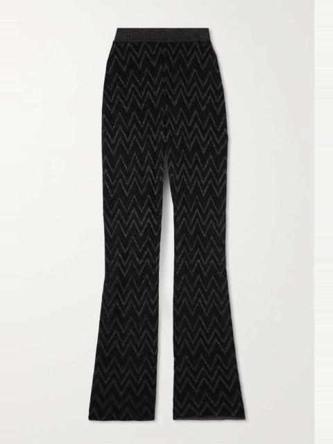 Striped metallic crochet-knit flared pants