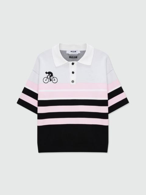 MSGM Black cotton knit polo shirt with jacquard detailing