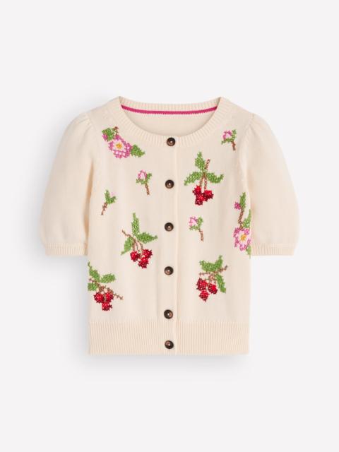 BODEN Puff Sleeve Cotton Cardigan-Warm Ivory, Embroidered
