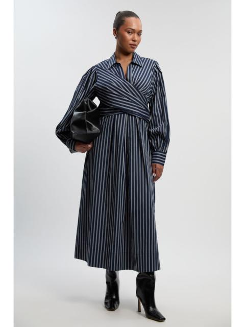 KAREN MILLEN Plus Size Stripe Cotton Poplin Drama Sleeve Woven Wrap Detail Shirt Dress
