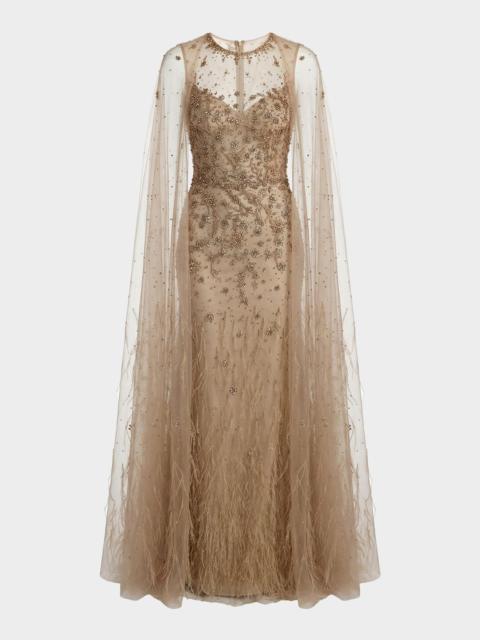 MAC DUGGAL Crystal-Embellished Feather Cape Column Gown