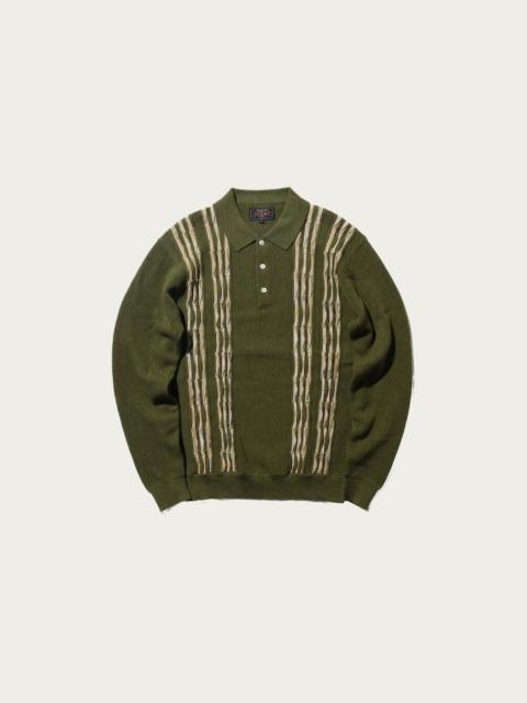 BEAMS PLUS Knit Polo Born Stripe 14G - Olive