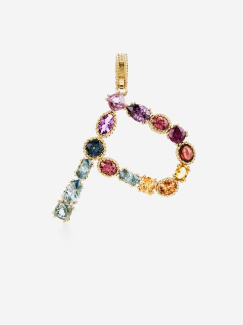 Rainbow alphabet P 18 kt yellow gold charm with multicolor fine gems