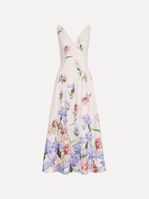 Oscar de la Renta SLEEVELESS V NECK LARGE IRIS DEGRADE POPLIN DRESS