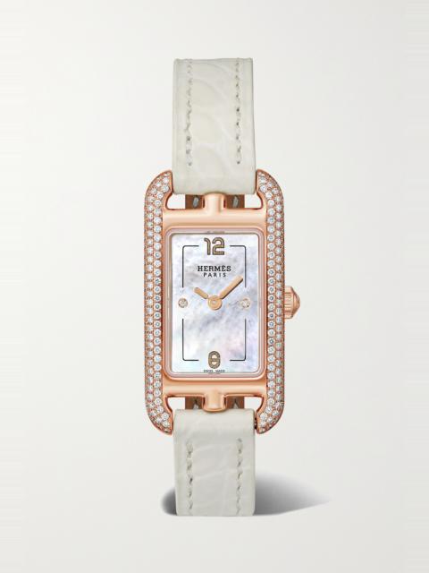 Hermès Nantucket 29mm small 18-karat rose gold, alligator, mother-of-pearl and diamond watch