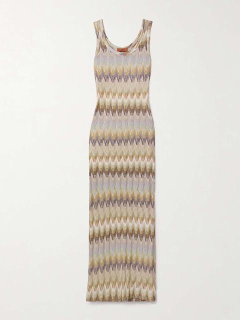 Metallic striped crochet-knit maxi dress