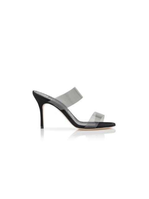 Manolo Blahnik Black Suede and ECO PVC Open Toe Mules