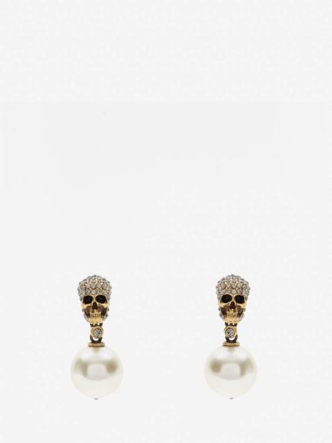 Women's Pearl Pave Skull Earrings in Antique Gold