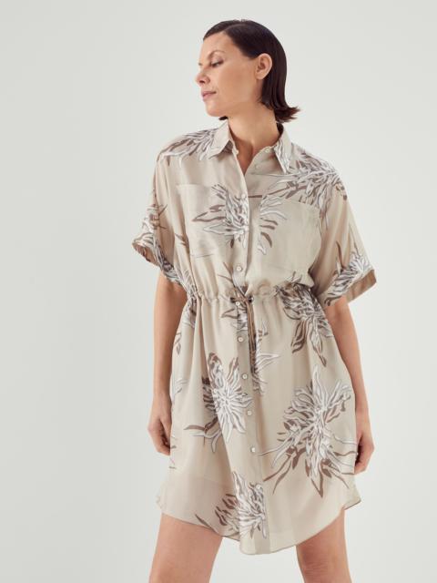 Brunello Cucinelli Silk marine flower pongée shirt dress with monili