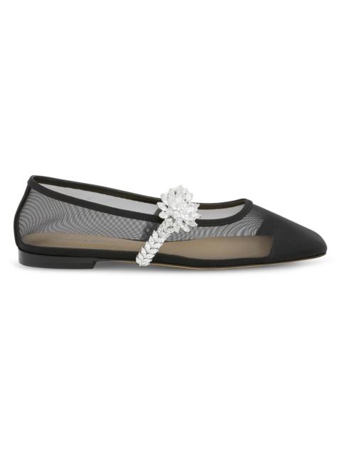 MACH & MACH Women's Lotus Flower Jewelled Mesh Ballet Flats - Black