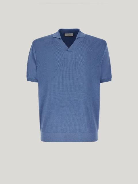 Canali AIR FORCE BLUE OPEN-COLLAR SHORT-SLEEVED POLO SHIRT WITH SHAVED SLEEVES IN COTTON SILK