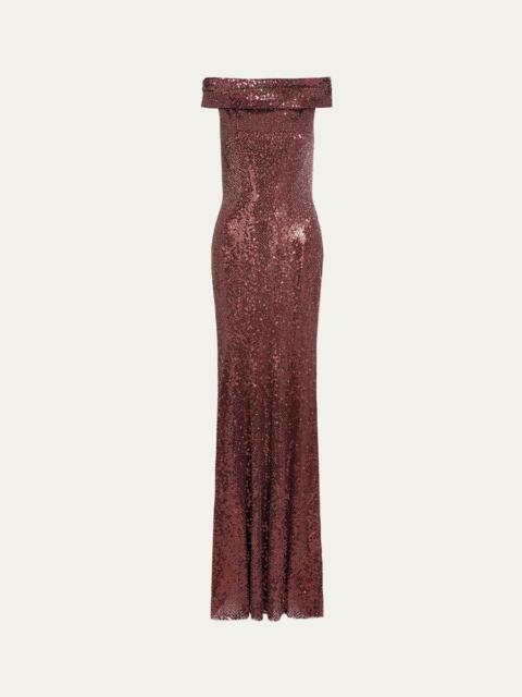 JENNY PACKHAM Echo Off-Shoulder Sequined Gown