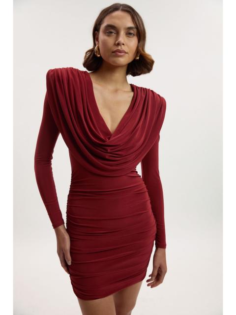 KAREN MILLEN Stretch Drapey Crepe Ruched Plunge Neck Long Sleeve Mini Dress