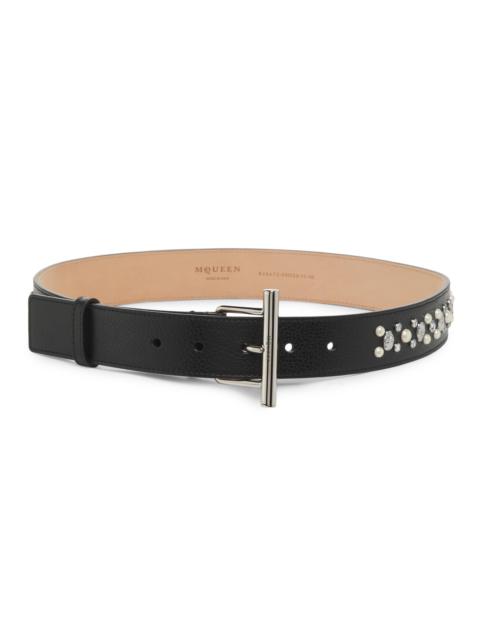 Alexander McQueen Women's T-Bar Crystal & Imitation Pearl-Studded Leather Belt - Black Silver