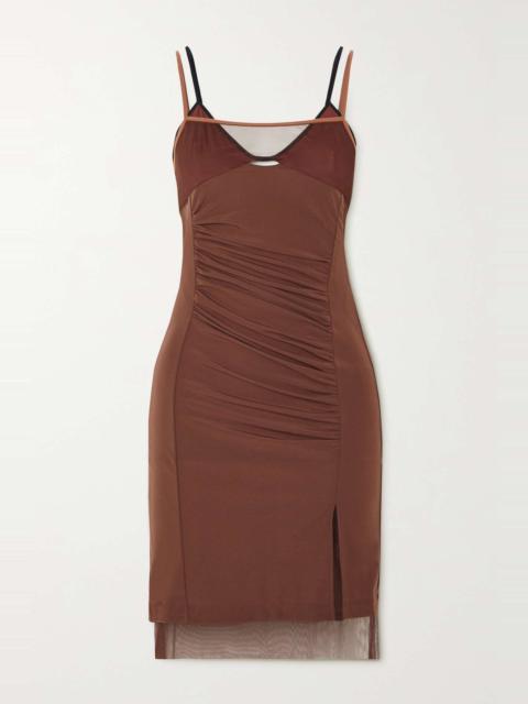 Helmut Lang Asymmetric layered ruched stretch-jersey and tulle dress