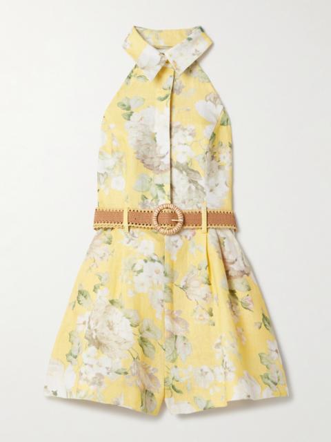 Zimmermann Acacia Belted Floral-print Linen Halterneck Playsuit