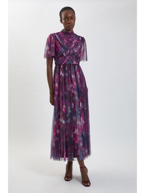 KAREN MILLEN Blurred Floral Cross Detail Tulle Maxi Dress
