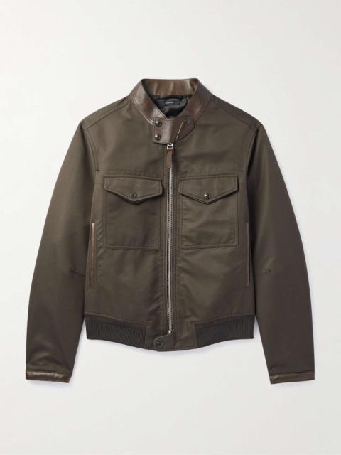 Leather-Trimmed Cotton-Blend Bomber Jacket