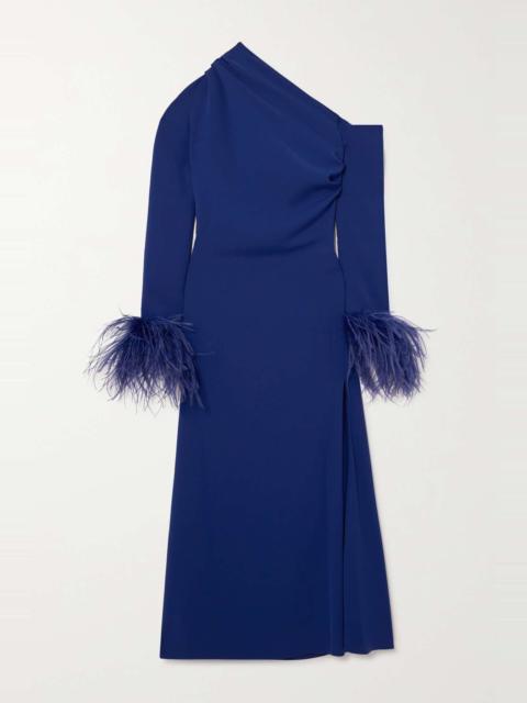 Adelaide one-shoulder feather-trimmed crepe midi dress