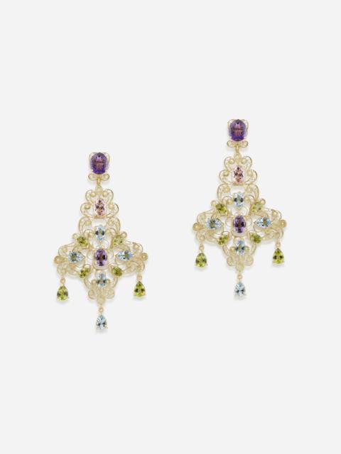 Dolce & Gabbana Pizzo earrings in yellow gold filigree with amethysts, aquamarines, peridots and morganites
