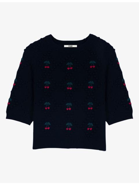 maje Cherry-Embroidered Bobble-Knit Wool Jumper