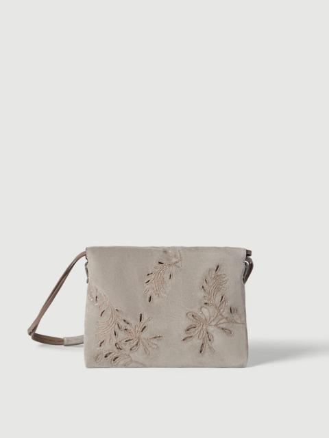Brunello Cucinelli Pouch bag in suede with dazzling broderie anglaise and monili