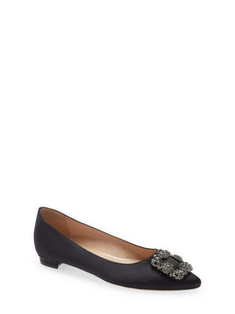 Hangisi Jeweled Pointy Toe Flat in Black Satin/Classic Buckle